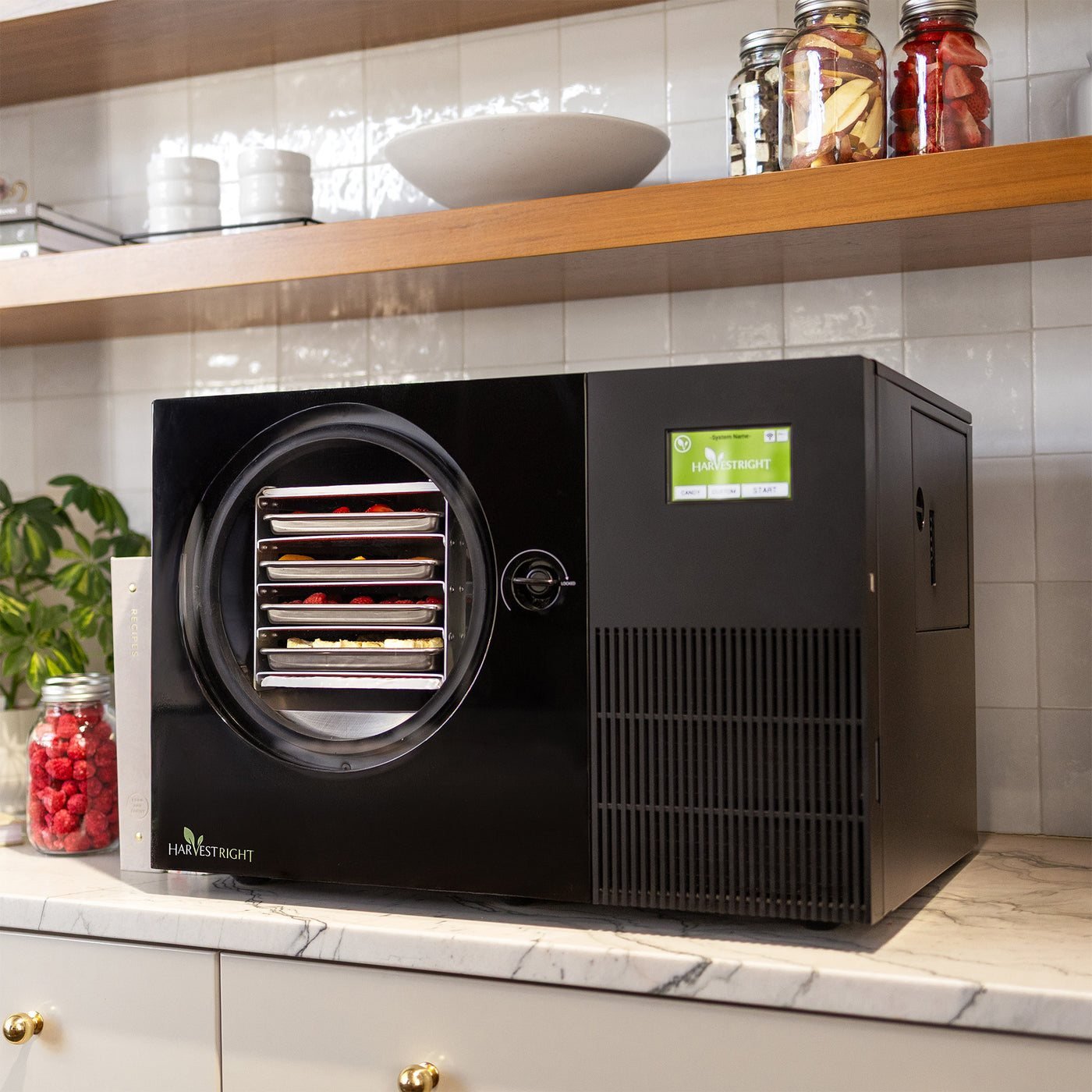 Harvest Right Countertop 360 freeze dryer in black on a kitchen counter