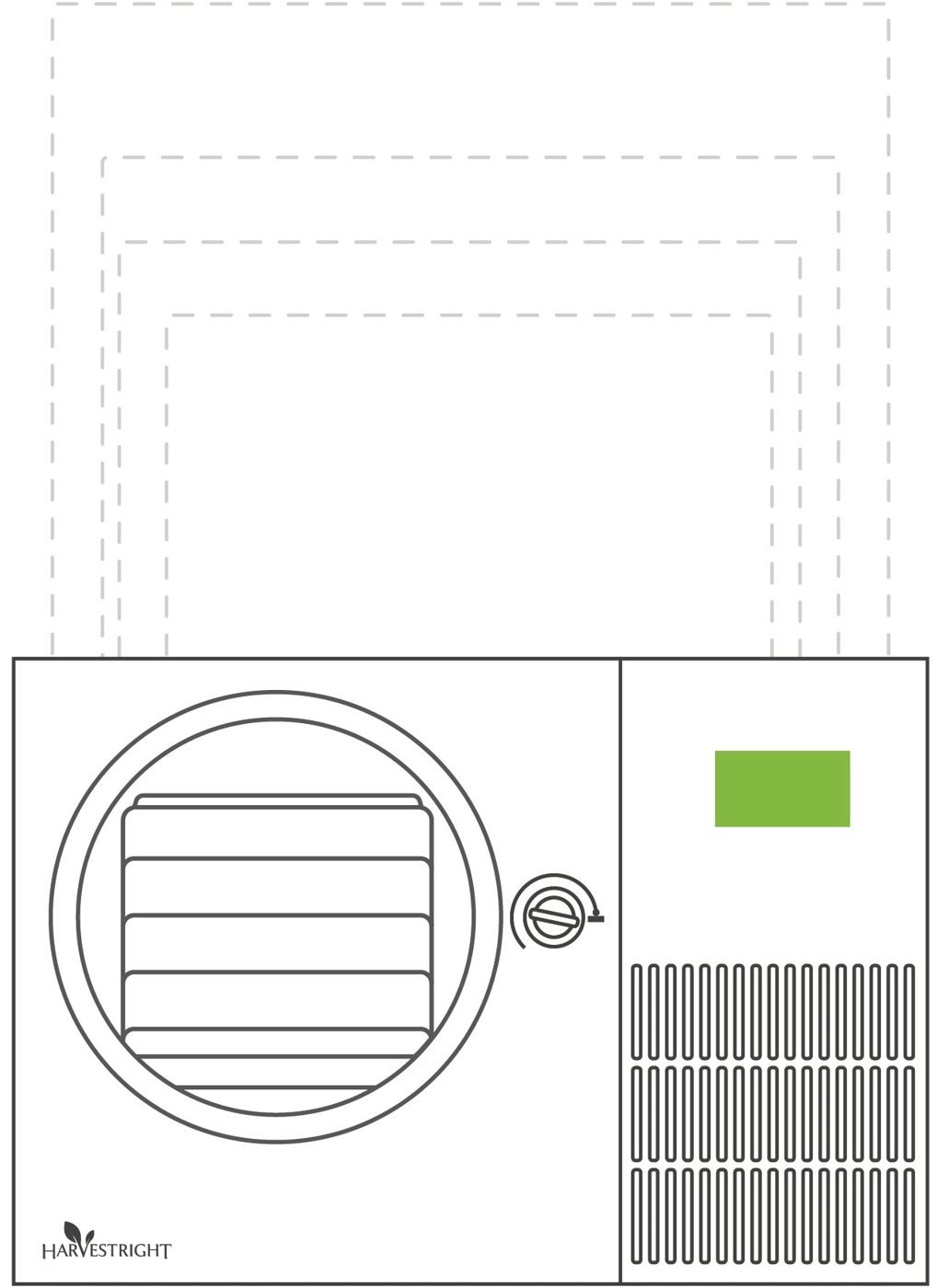 Size comparison of the Countertop 360 with the outlines of the Small, Medium, Large and XL Harvest Right freeze dryers