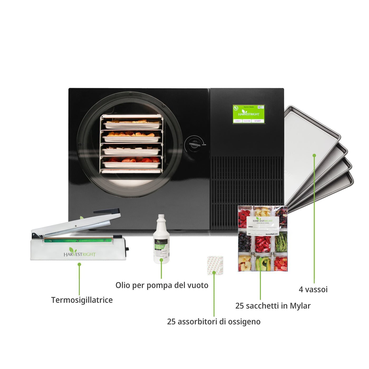 Liofilizzatore Countertop 360 con termosigillatrice, olio per la pompa, 25 assorbitori di ossigeno, 25 sacchetti in Mylar e 4 vassoi
